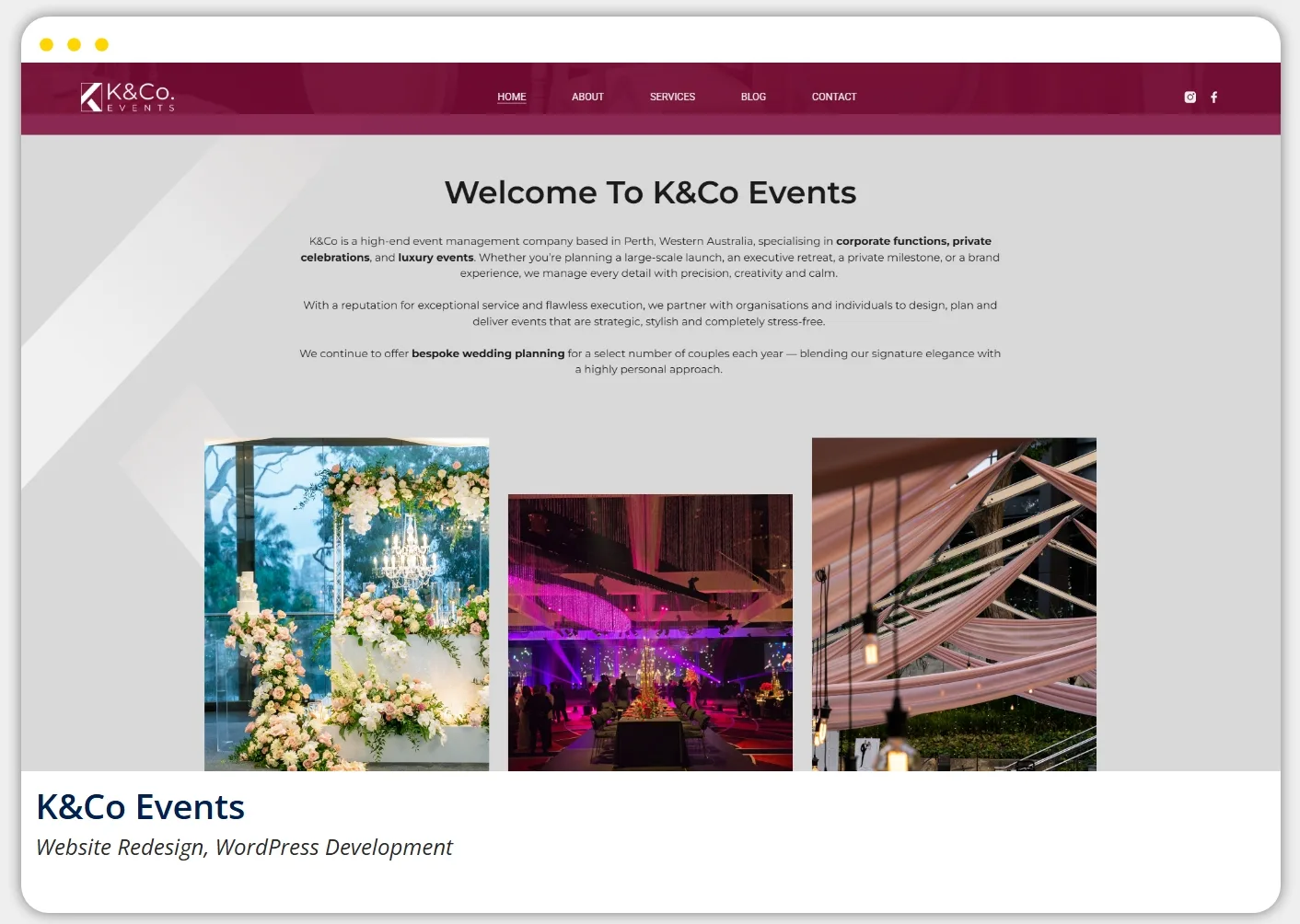 K&Co Events website designed by PC Madness Web Services